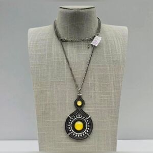 Lia Sophia Necklace SPINX Yellow Bead Rhinestone Pendant Gunmetal Chain 24" NWT